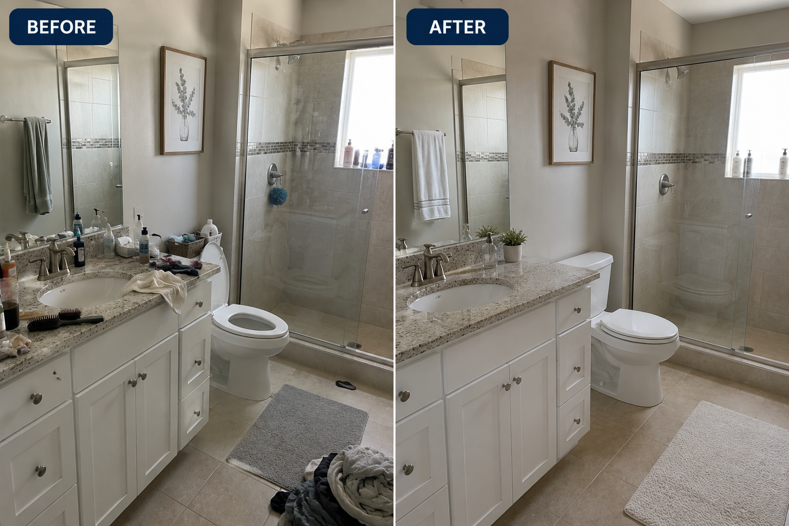 Bathroom before and after cleaning by Prime House Cleaning Co.