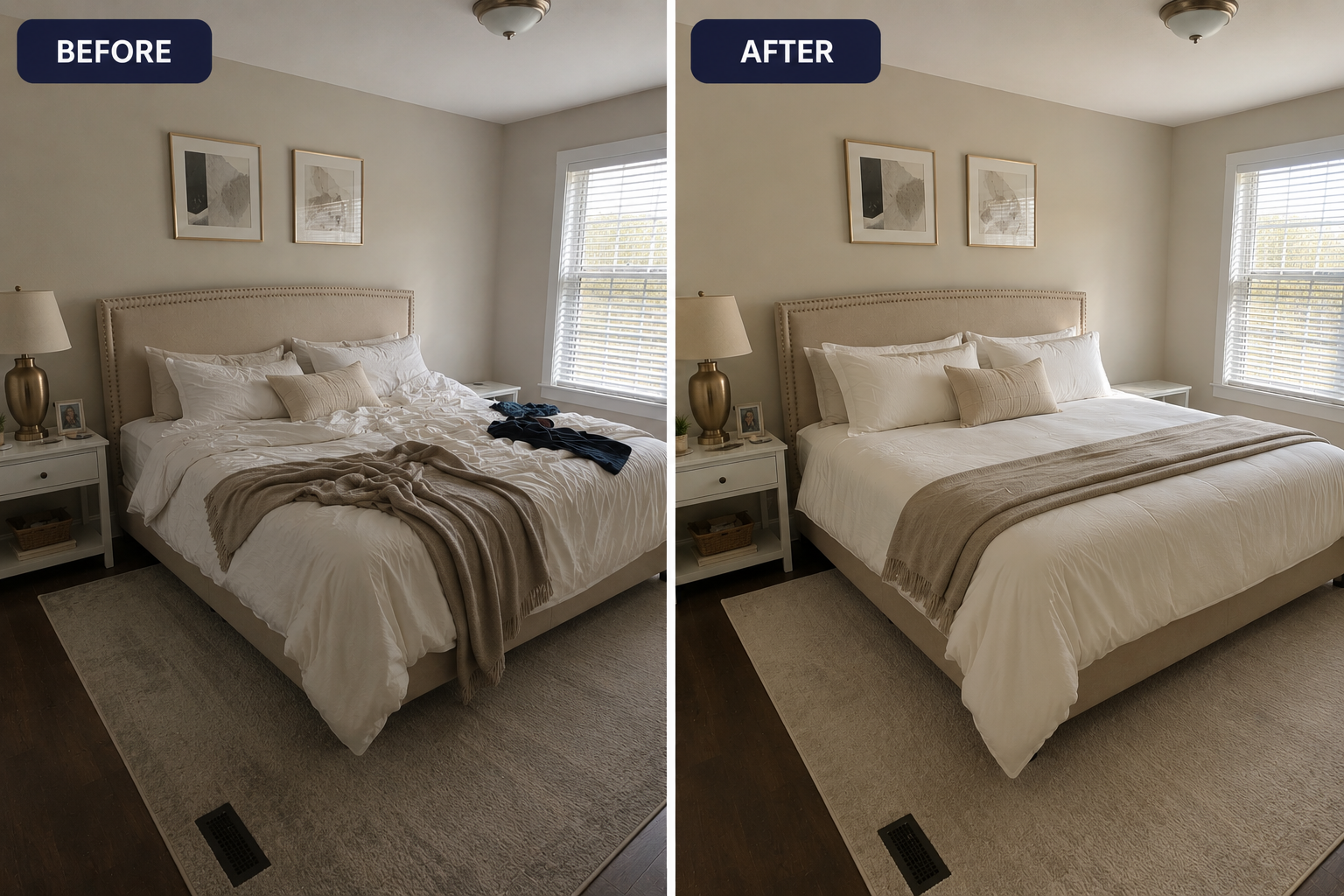 Bedroom before and after cleaning by Prime House Cleaning Co.