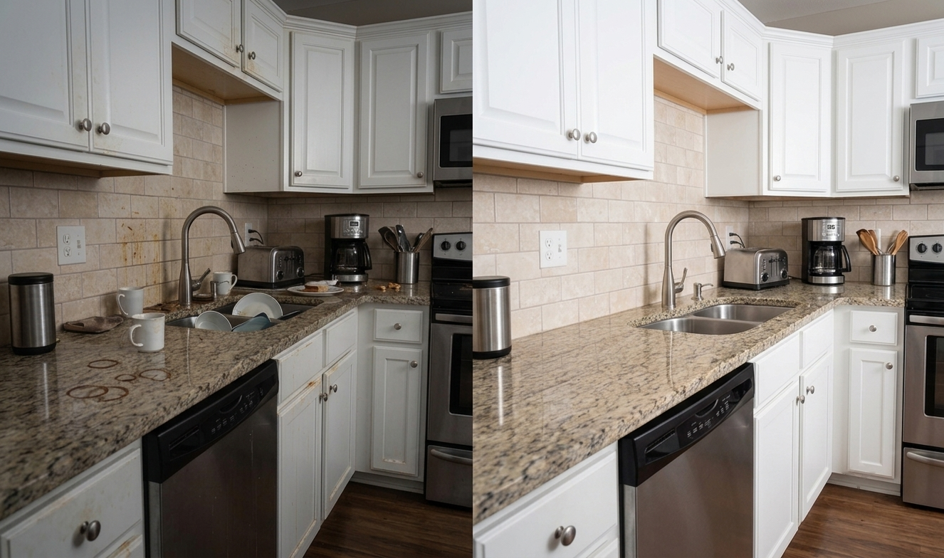 Kitchen before and after cleaning by Prime House Cleaning Co.
